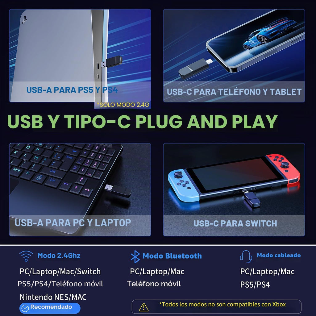 Tatybo Auriculares inalámbricos para juegos para PS5 PC, modo dual