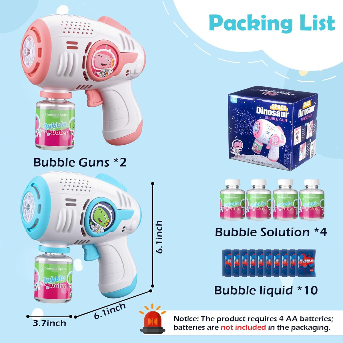 Paquete de 2 pistolas de burbujas iluminadas para niños, 4 botellas y 10 recambios