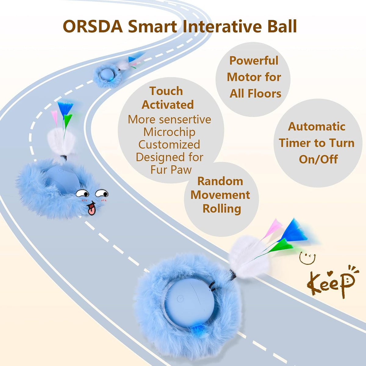 ORSDA Pelota interactiva de juguetes para gatos, bola automática de rodadura rápida en bolsa, escondite para gatos de interior, juguete móvil activado por chirridos de movimiento, alfombrilla de 5