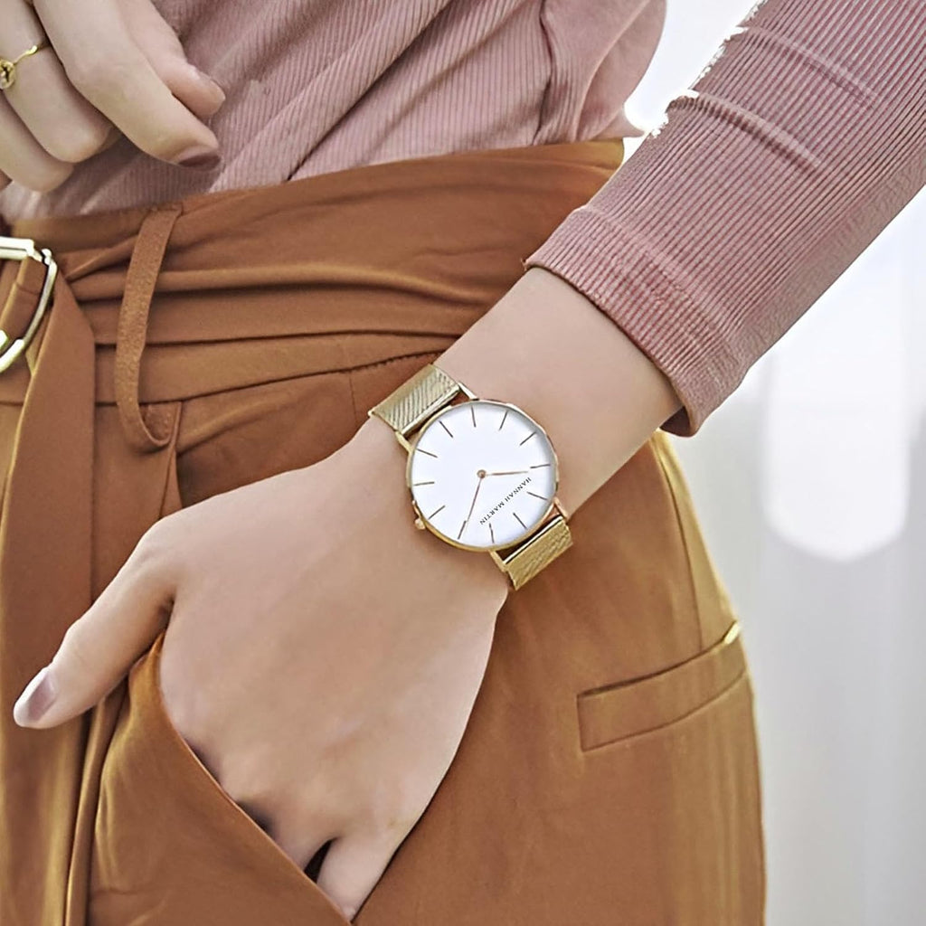 Relojes dorados para mujer, reloj de cuarzo redondo con clase, minimalista, impermeable, pulsera de acero inoxidable, reloj para mujer