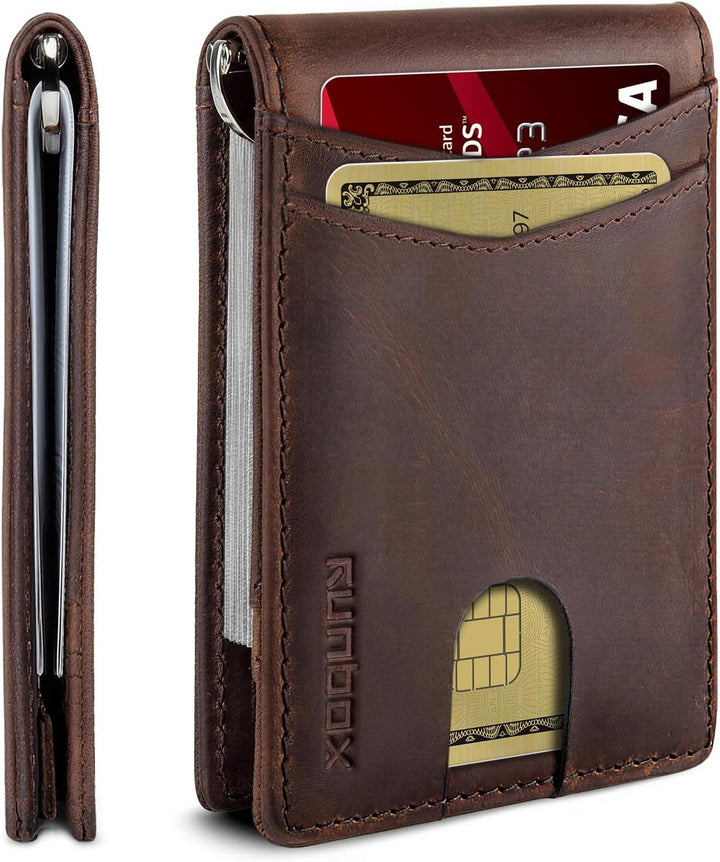 RUNBOX Billetera de cuero genuino para hombre, 12 tarjetas, clip pa...
