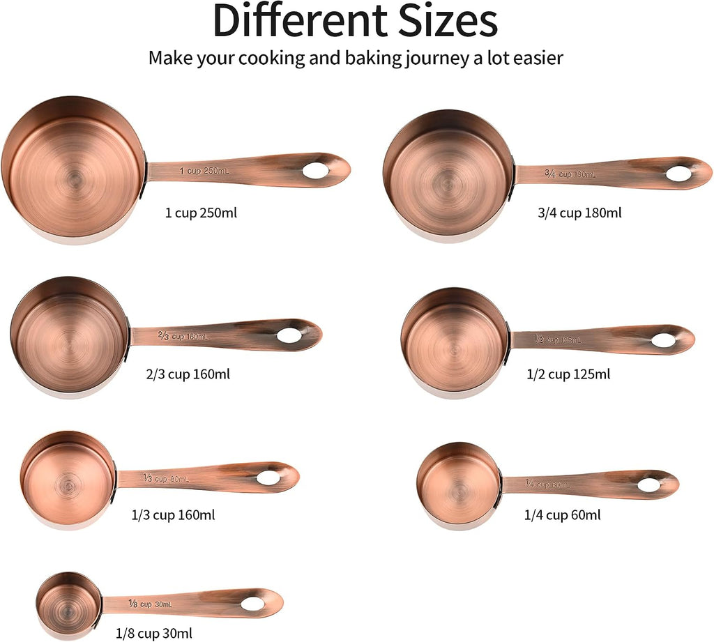 Juego de Tazas y Cucharas Medidoras Smithcraft, Juego de Tazas y Cucharas Medidoras de Cobre para Hornear y Cocina, Taza Medidora y Cuchara de Acero Inoxidable para Seco y Líquido, Juego de 7 Tazas