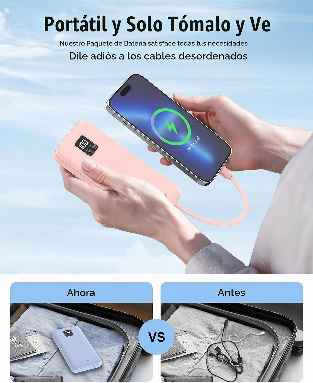 AsperX Paquete de 2 cargadores portátiles de 10000 mAh con cables i...