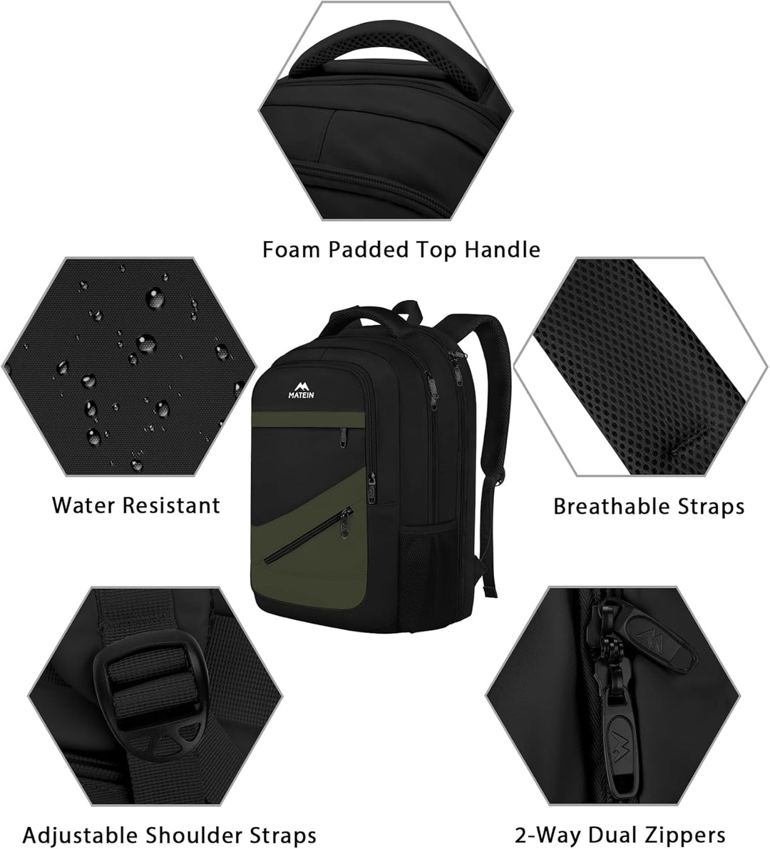 MATEIN Mochila para laptop, Verde negro, 17 pulg., Mochila de viaje...