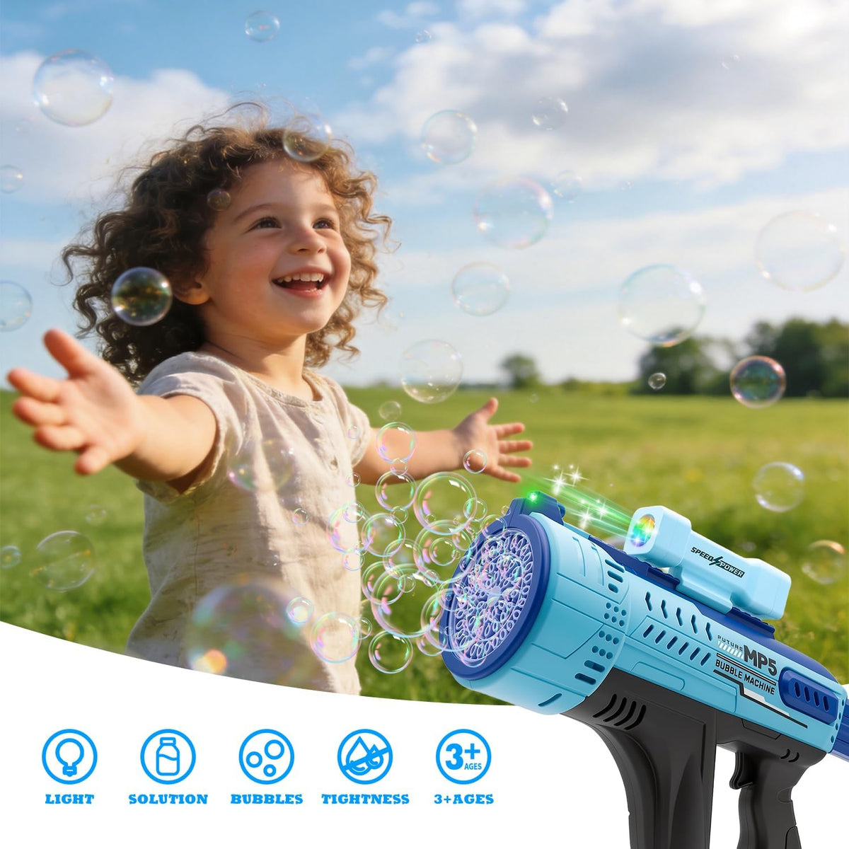 Pistola de burbujas, máquina de burbujas de 57 agujeros, juguetes para niños y niñas con luz colorida, verano al aire libre, fiesta de cumpleaños, regalos de Halloween, color azul