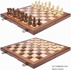 AMEROUS Juego de ajedrez y damas de madera con piezas de ajedrez ponderadas mejoradas, juegos de mesa de ajedrez de 15 pulgadas (2 en 1) para niños, adultos con 2 reinas adicionales/24 piezas de animadores/paquete de regalo
