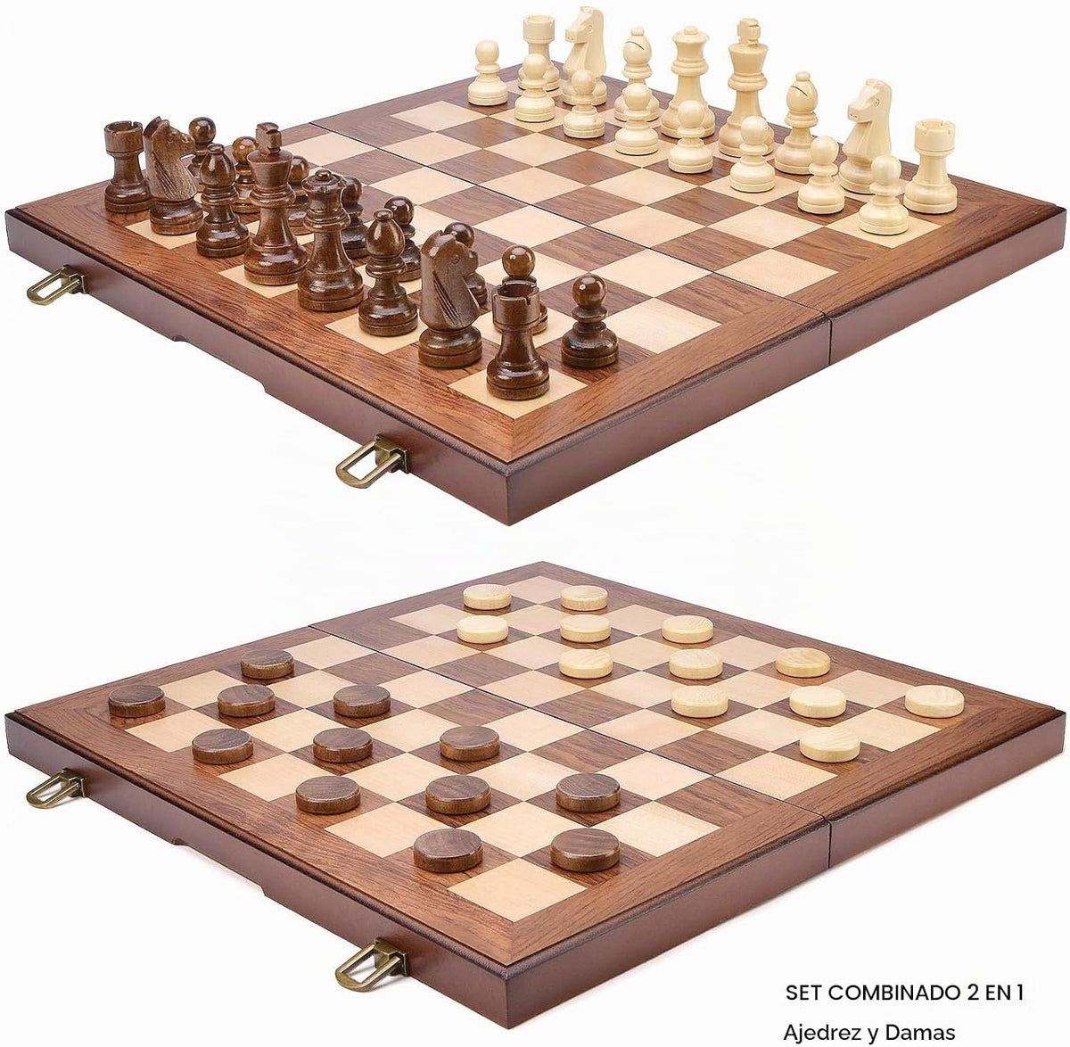AMEROUS Juego de ajedrez y damas de madera con piezas de ajedrez ponderadas mejoradas, juegos de mesa de ajedrez de 15 pulgadas (2 en 1) para niños, adultos con 2 reinas adicionales/24 piezas de animadores/paquete de regalo