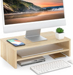 FITUEYES Soporte elevador de madera para monitor, estante de almacenamiento de escritorio de 2 niveles, roble