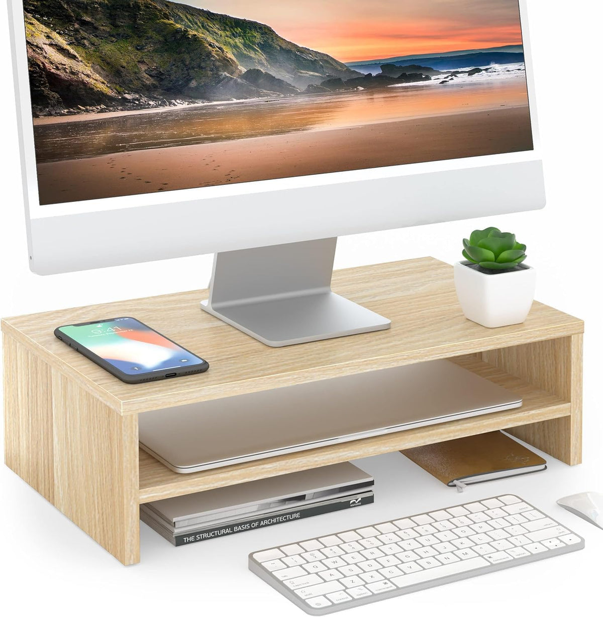 FITUEYES Soporte elevador de madera para monitor, estante de almacenamiento de escritorio de 2 niveles, roble