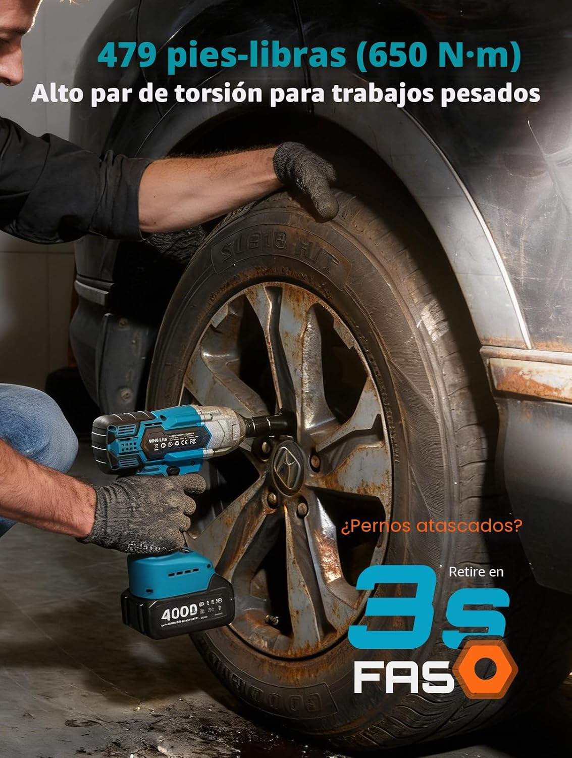 Seesii WH6 Lite - Llave de impacto inalámbrica de 1/2 pulgada, alto par de torsión de 479 pies (650 Nm), pistola de impacto sin escobillas, 2500 RPM con batería 2 x 4.0, 6 enchufes, 8 brocas