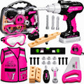 Conjunto de herramientas para niños con estuche de transporte, taladro electrónico con brocas y chaleco de construcción – Kit de juego de simulación con gafas de seguridad, escudo de gas, cinta