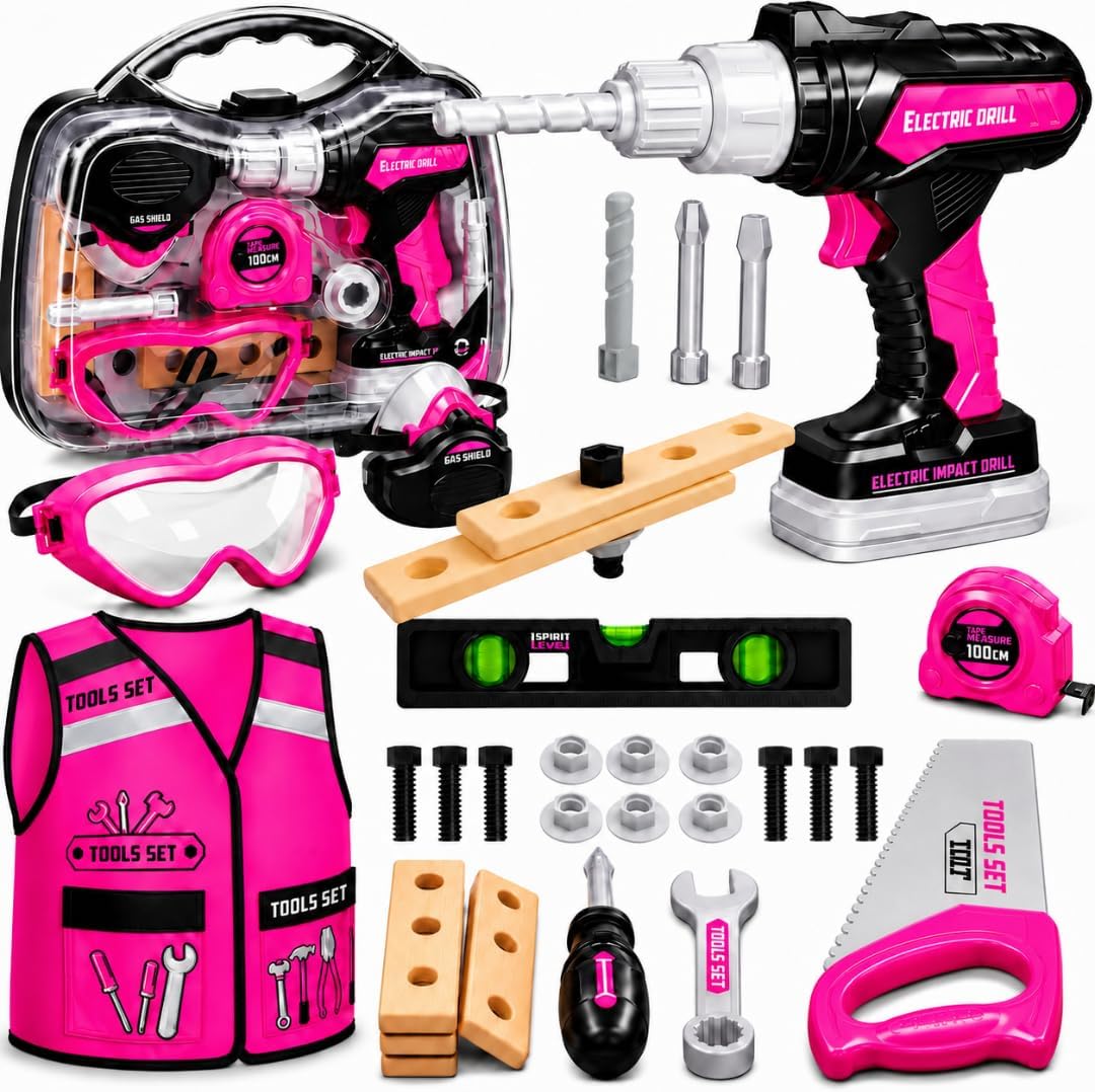 Conjunto de herramientas para niños con estuche de transporte, taladro electrónico con brocas y chaleco de construcción – Kit de juego de simulación con gafas de seguridad, escudo de gas, cinta
