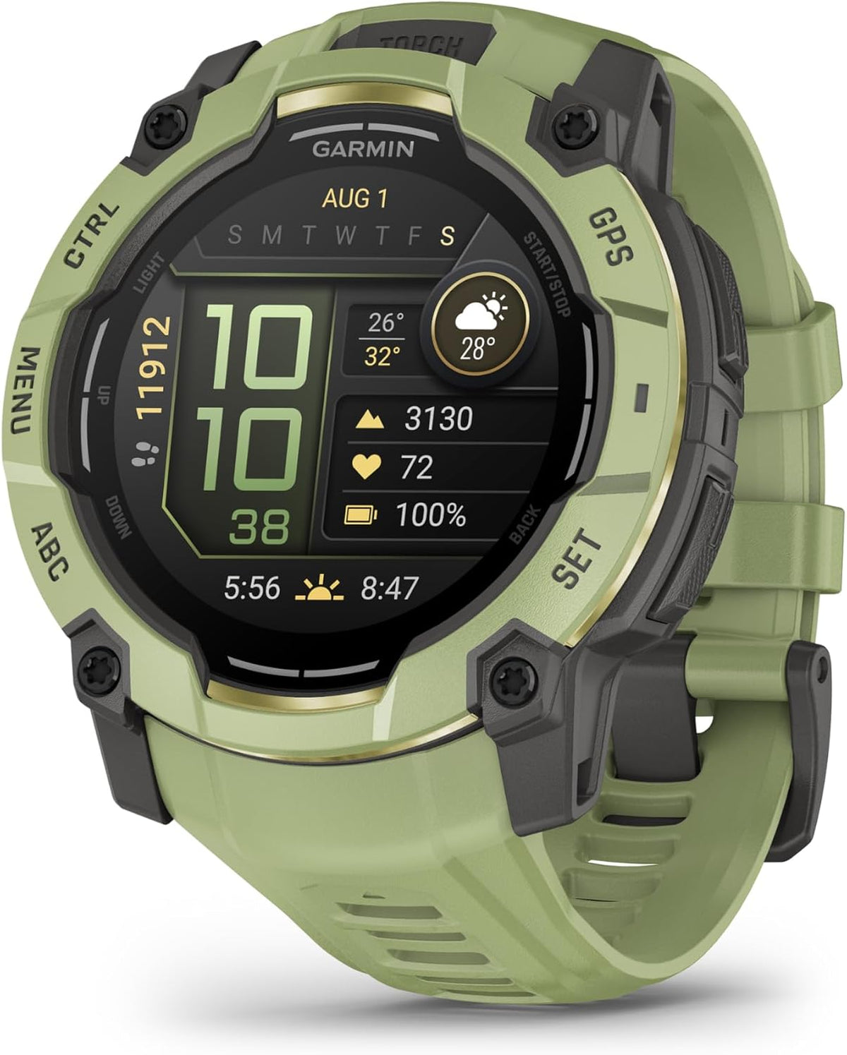 Garmin Instinct® 0.118 – 1.969 in, pantalla AMOLED, resistente reloj inteligente GPS para exteriores, linterna incorporada, colección Alpine Rush color edición limitada, color verde helecho con correa