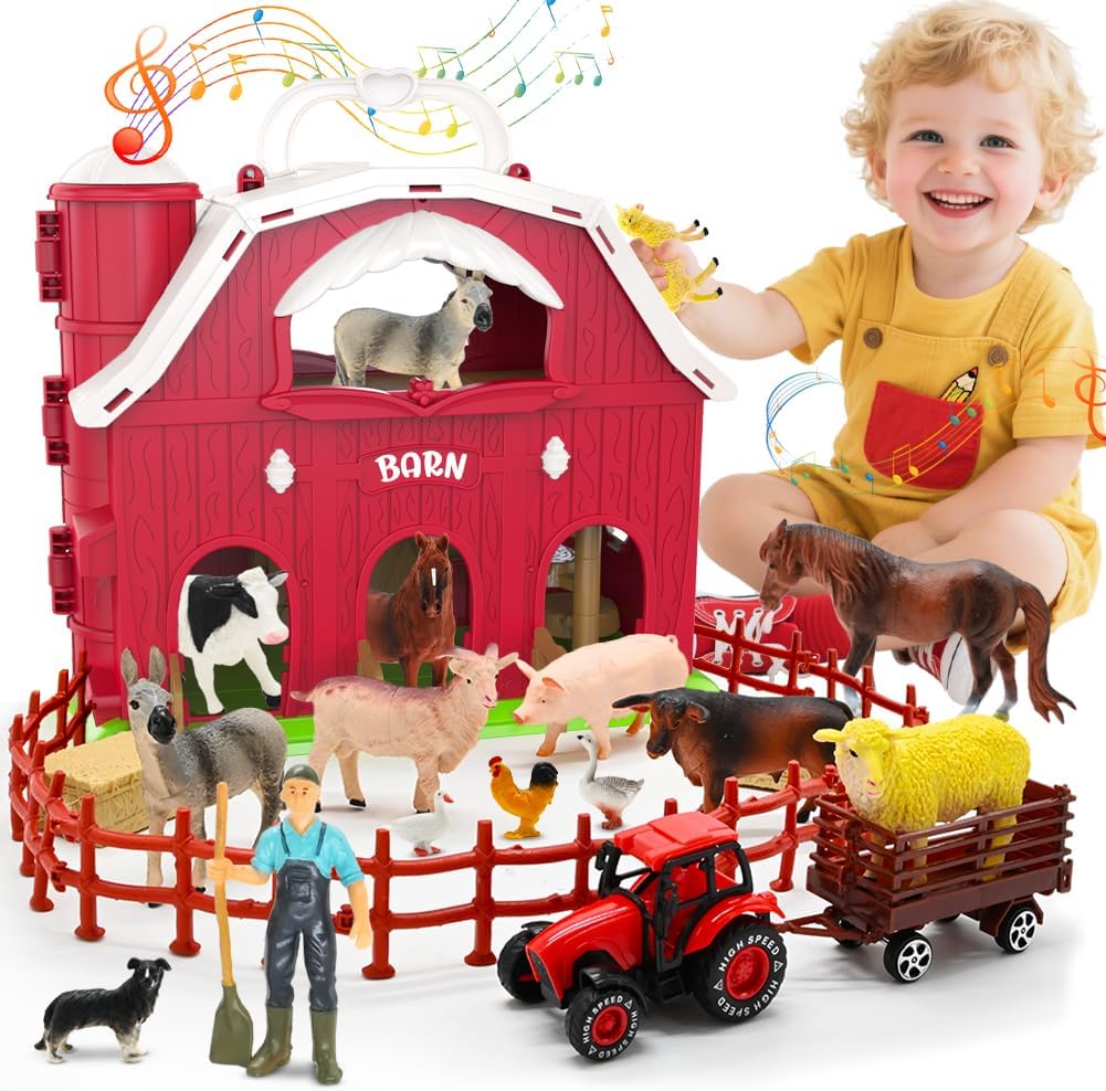 Juguetes de granero rojo para niños pequeños de 1 a 3 años, figuras...