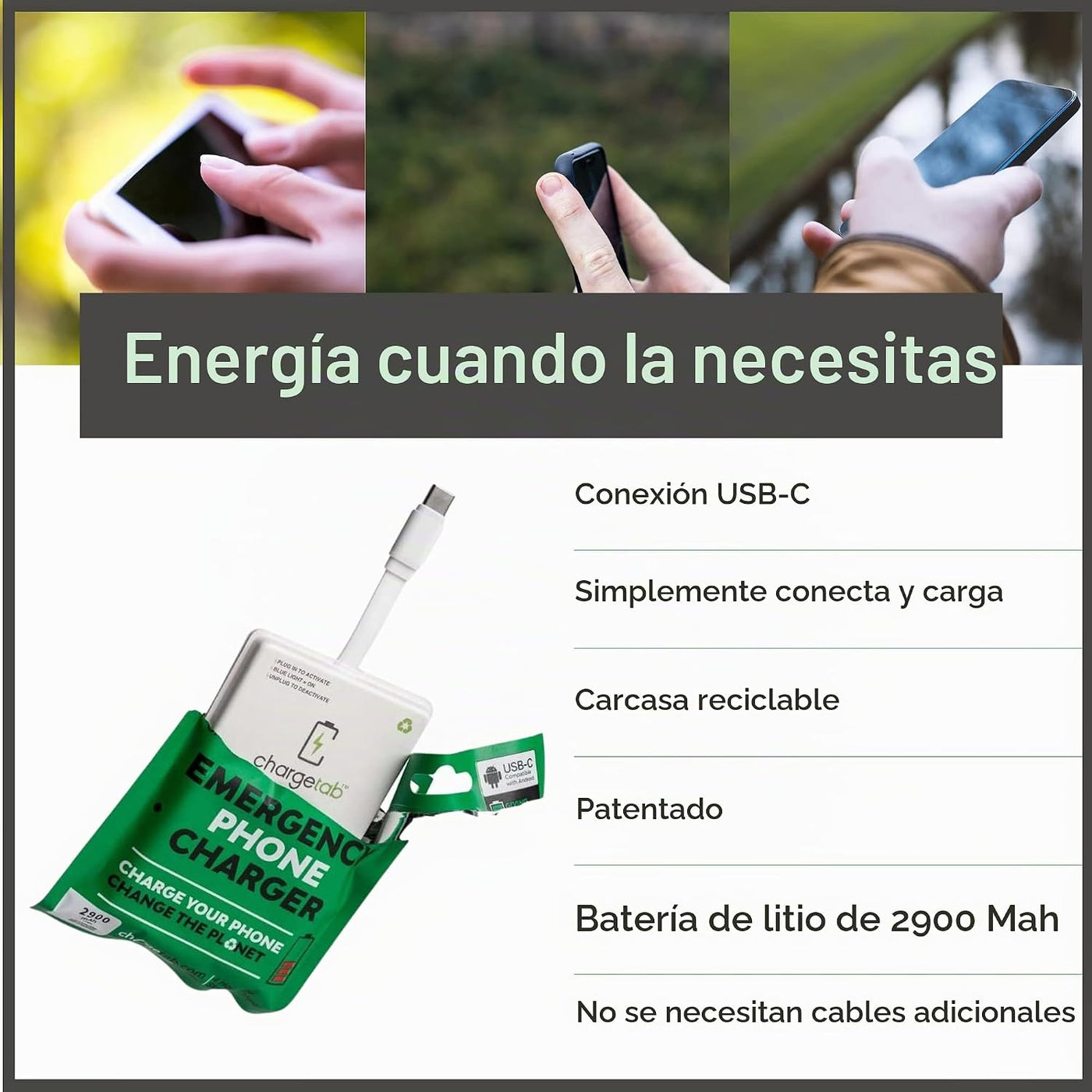 ChargeTab Cargador USB-C portátil de emergencia: precargado de 3000...