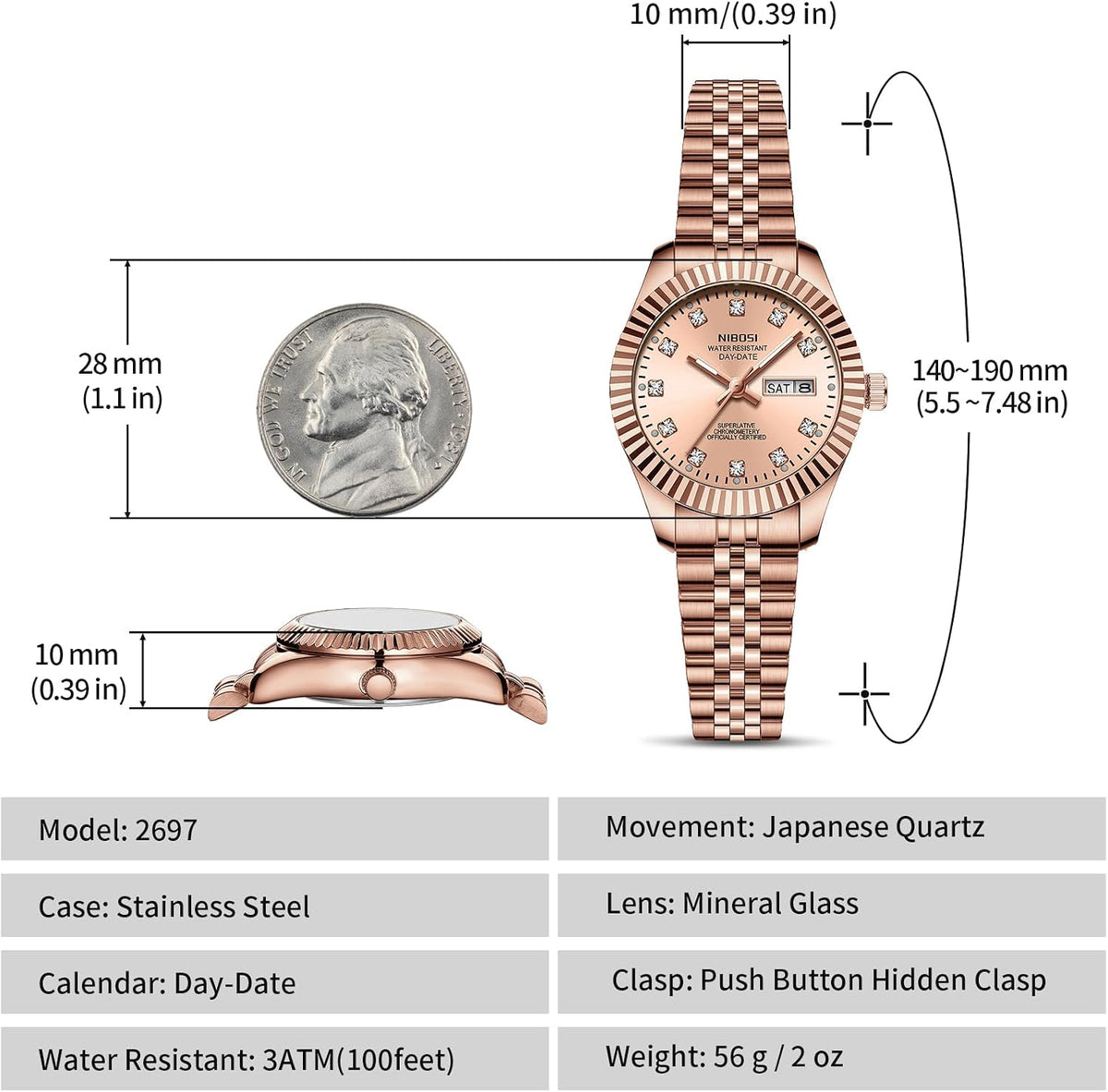 NIBOSI Relojes para mujeres, reloj analógico de cuarzo, esfera de acero inoxidable con día y fecha, luminoso, impermeable, elegante, clásico, de diamante, lujoso, para muñecas pequeñas