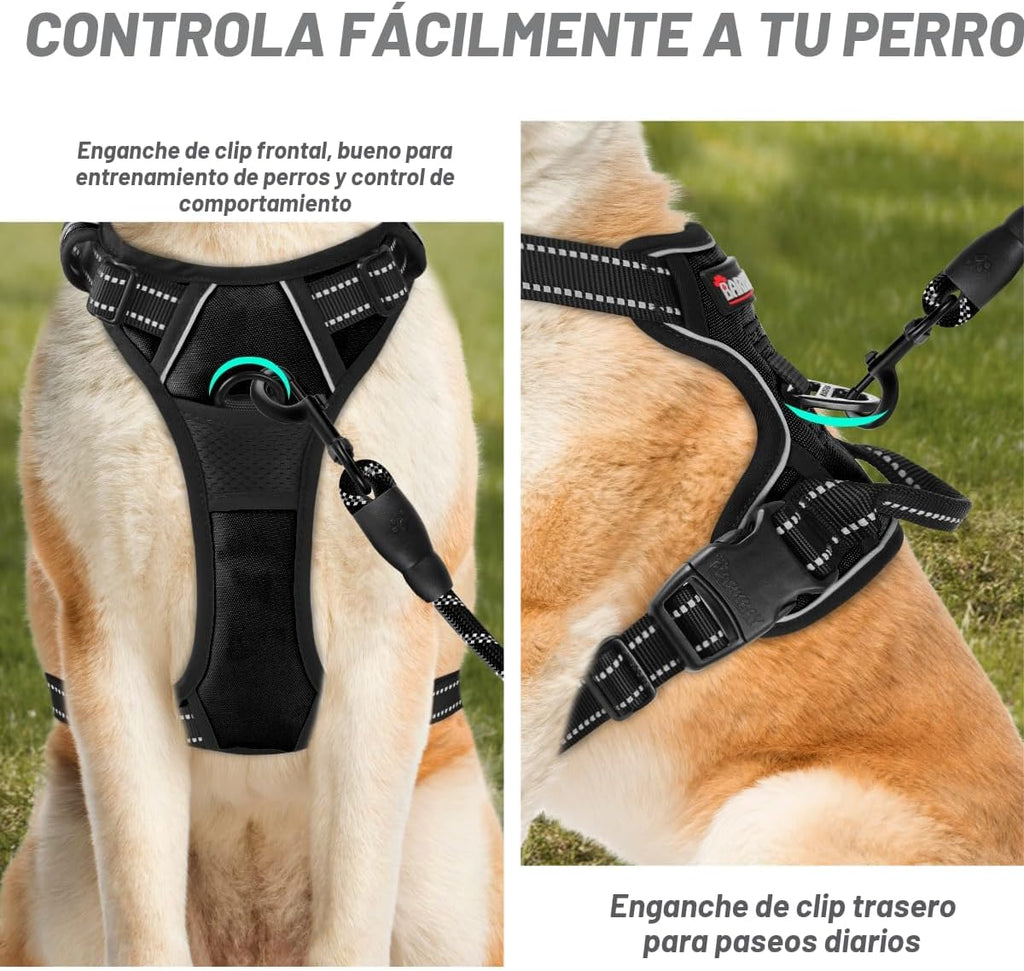 Barkbay Arnés antitirones con clip frontal para perros, material resistente y reflectante, mango de fácil control para pasear perros grandes (color negro, tamaño M)