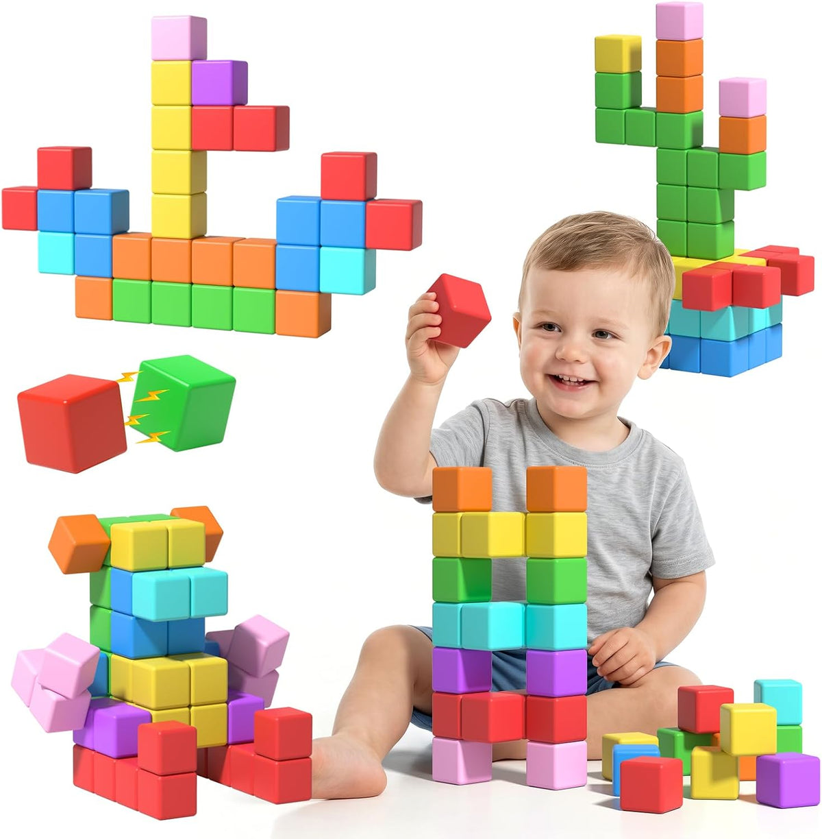 Bloques magnéticos grandes, 56 cubos de construcción 3D de 1.34