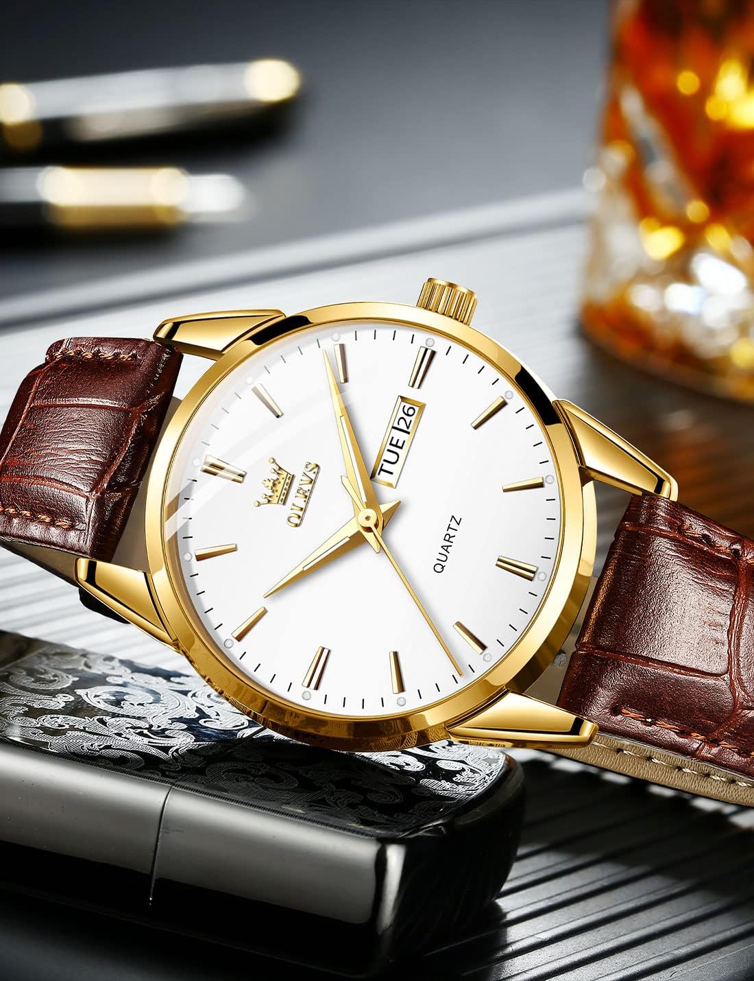 OLEVS Relojes de Cuero para Hombres, Casual, Fácil de leer, Quartz, Números, Resistente al Agua