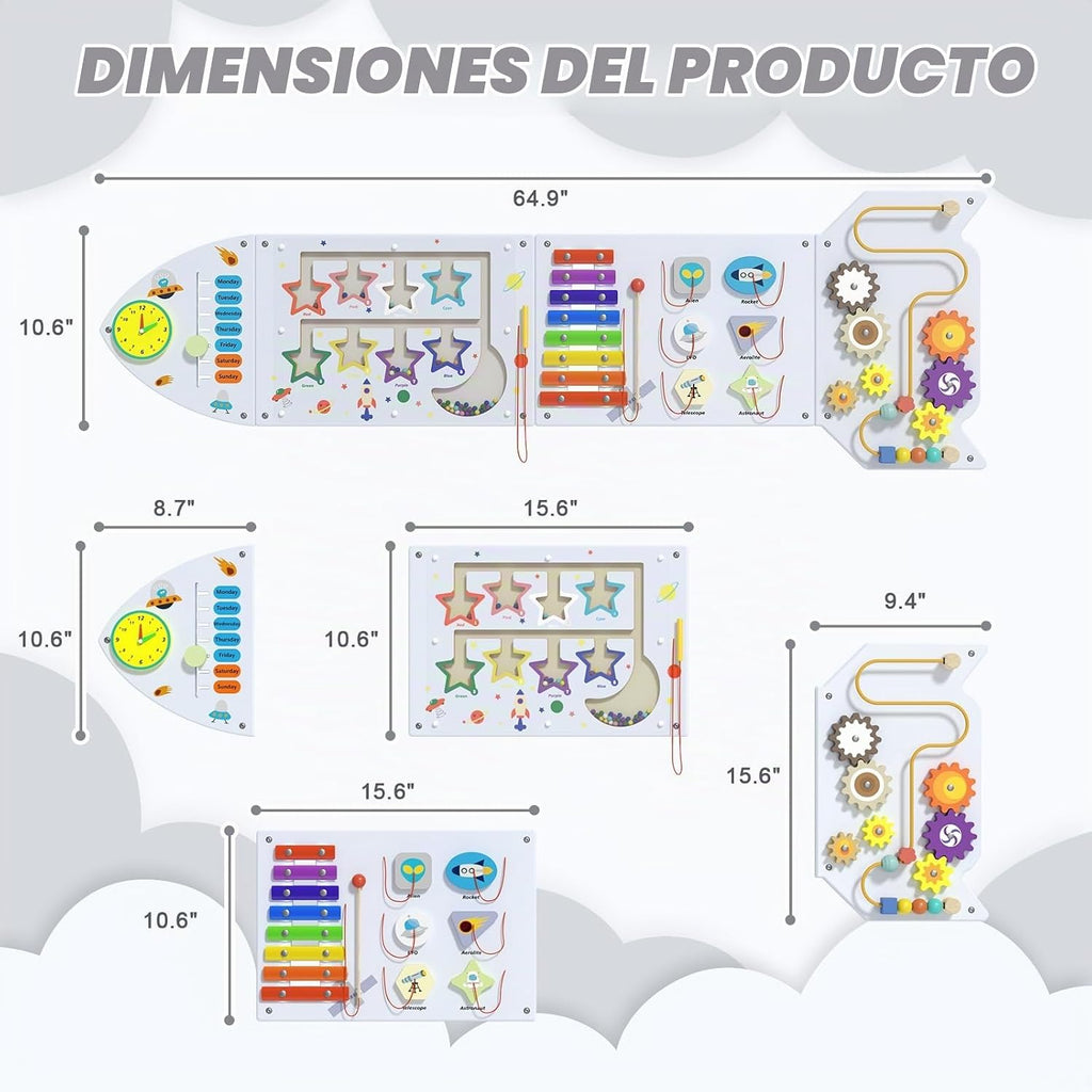 Paneles de pared con actividades de cohete, panel de pared sensorial para niños, tablero de actividades de pared Montessori para niños pequeños, juguetes de pared para niños pequeños de 3 años, cubo de actividades, tablas de madera, blanco y gris (4