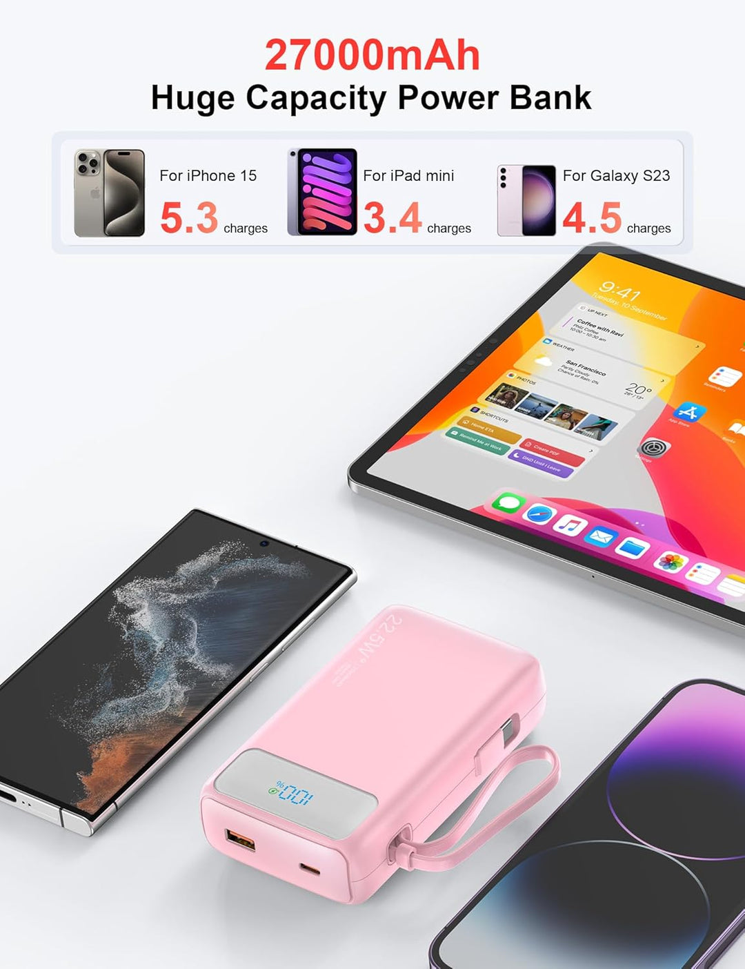 Cargador portátil, 27000 mAh 22.5 W, cargador de batería de carga r...