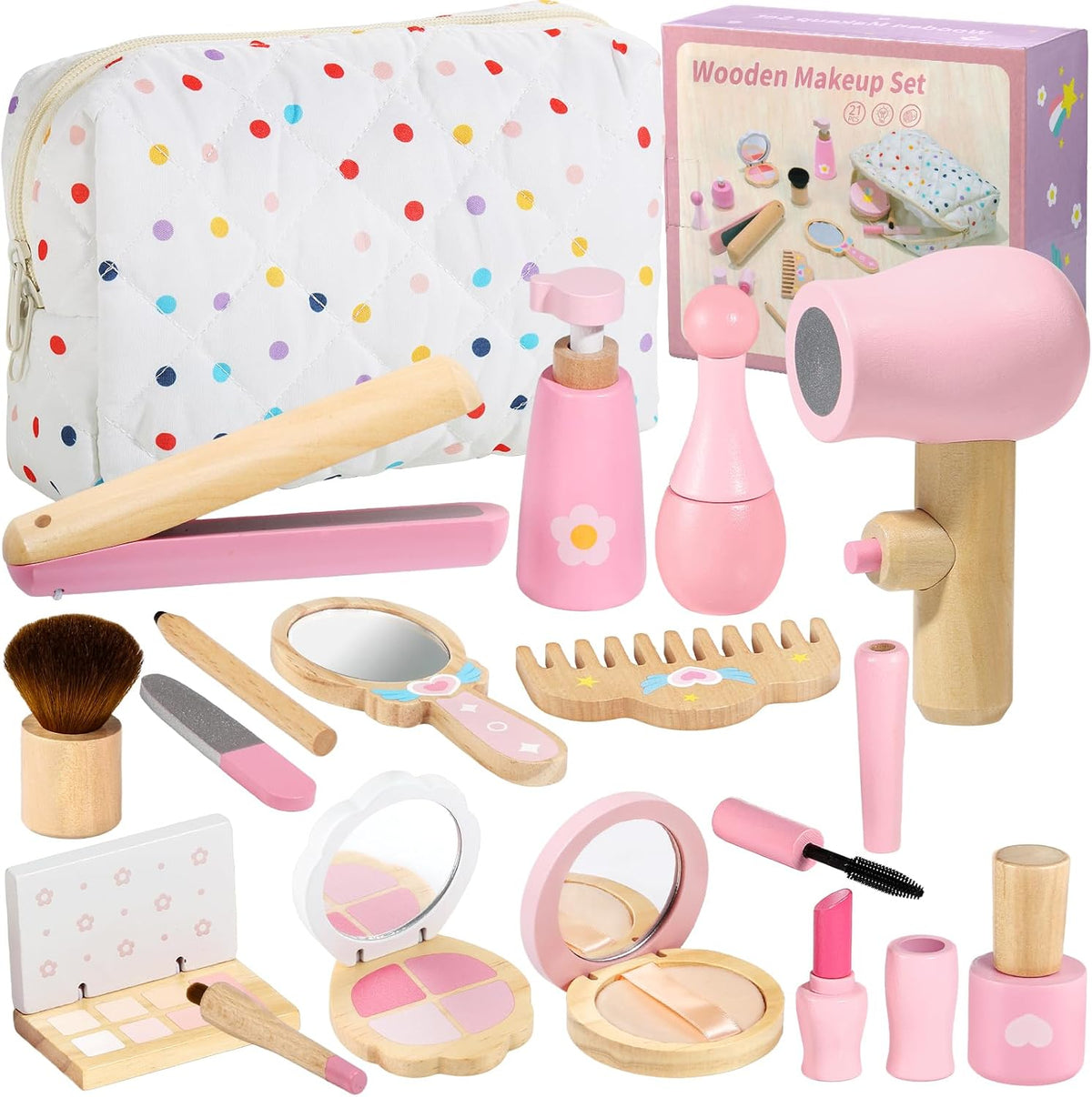 GAGAKU Kit de maquillaje de madera para niñas pequeñas – Juego de maquillaje realista de 17 piezas con bolsa de cosméticos suave, secador de pelo, lápiz labial y espejo, juguete de maquillaje falso