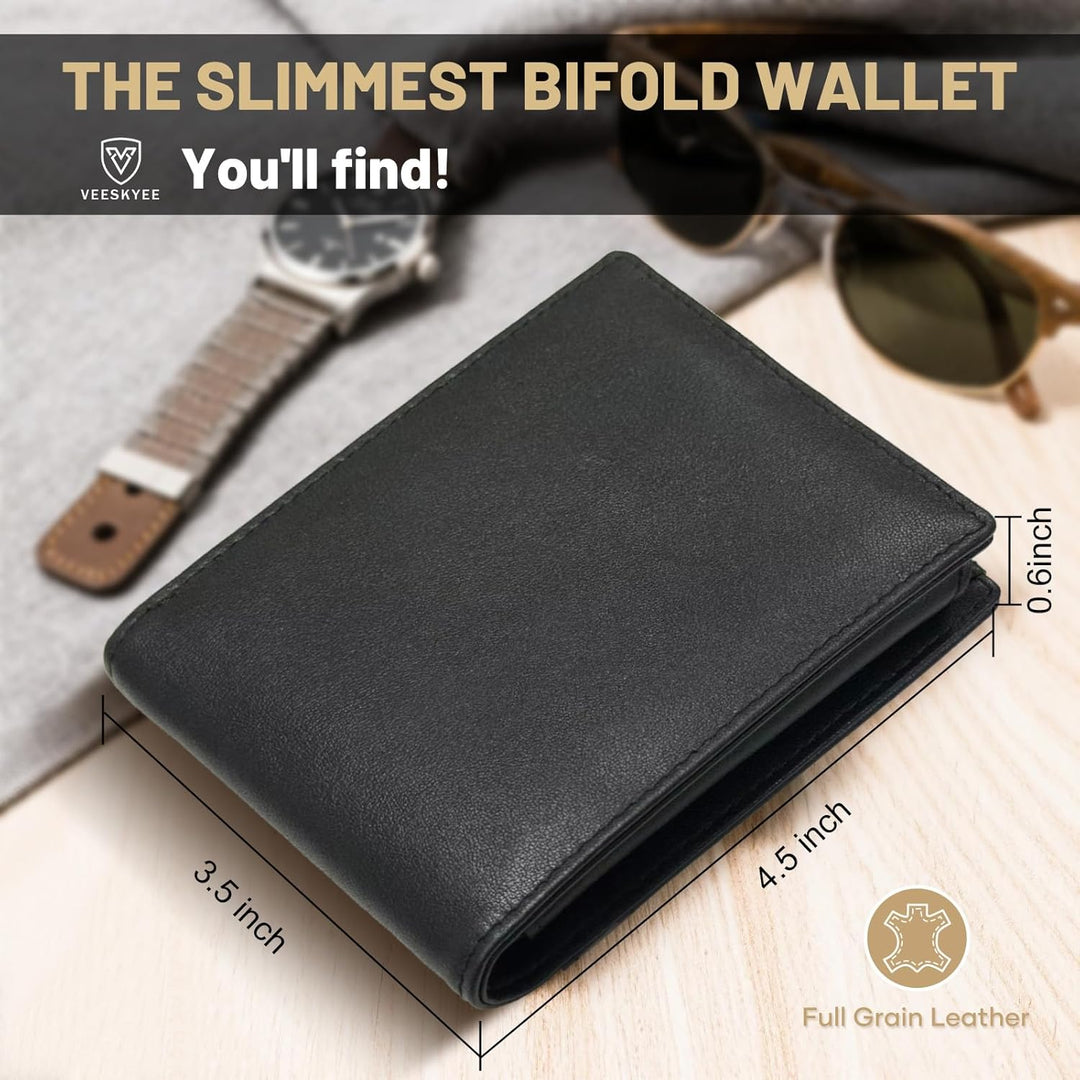 VEESKYEE Cartera de cuero de grano completo para hombre, bloqueo RF...