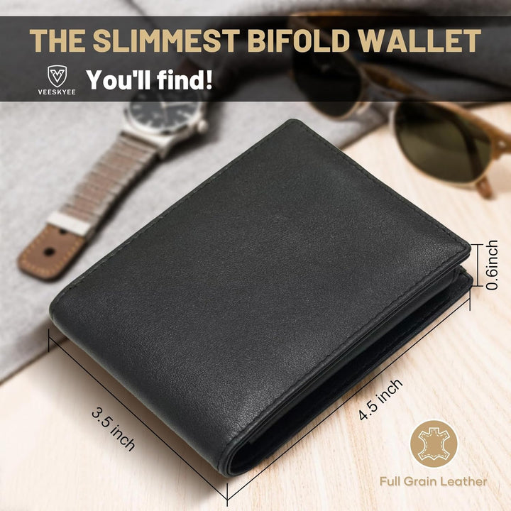 VEESKYEE Cartera de cuero de grano completo para hombre, bloqueo RF...