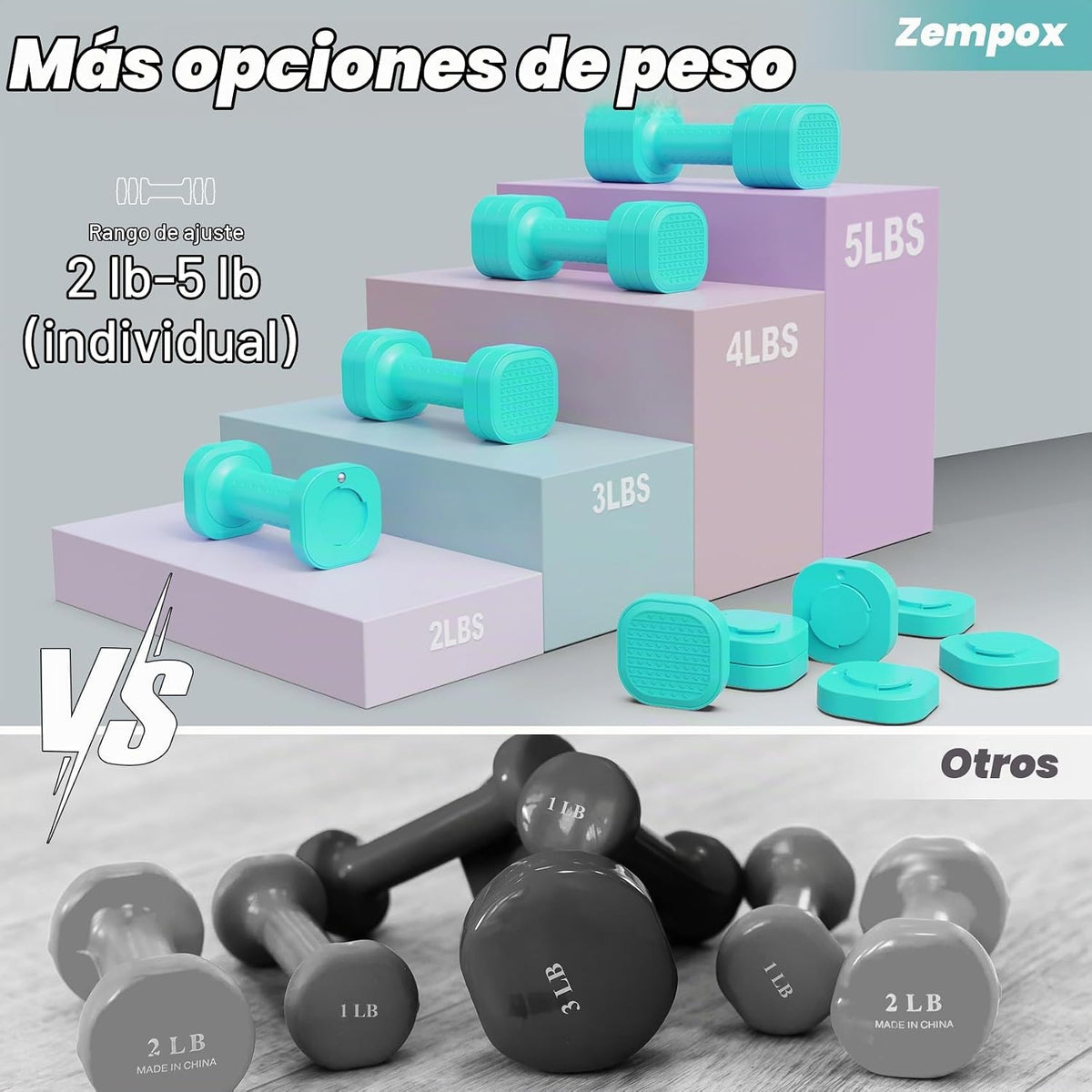 Juego de Pesas Ajustables Zempox, Juego 4 en 1 de Mancuernas Libres para Mujeres, Pesas de Mano para Mujeres en Casa, Cada Una 2lb 3lb 4lb 5lb con Mango de Goma TPU Suave para Gimnasio en Casa y Equipamiento de Fitness Acuático