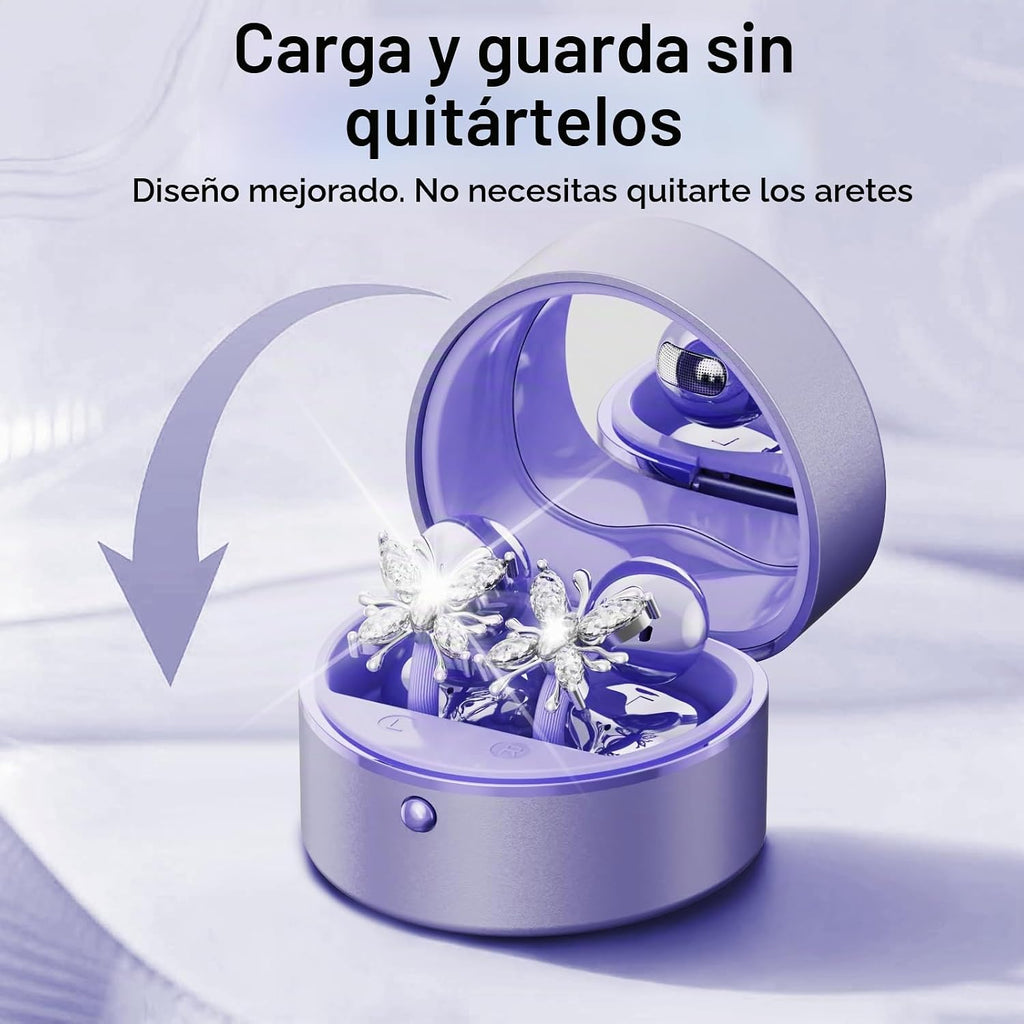 2026 Gran regalo con clip en auriculares con diseño de corazón y aretes de mariposa desmontables, auriculares inalámbricos Bluetooth 6.0 para mujer, IPX6 impermeable, tiempo de reproducción de