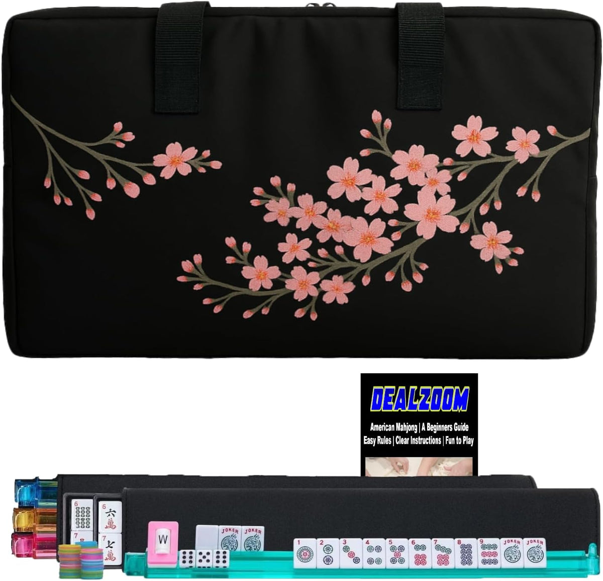 American Mahjong Set completo, juego completo con 166 azulejos Mahjong, bastidores Mahjong con empujadores, instrucciones, dados, fichas, indicador de viento y accesorios Mahjong en bolsa