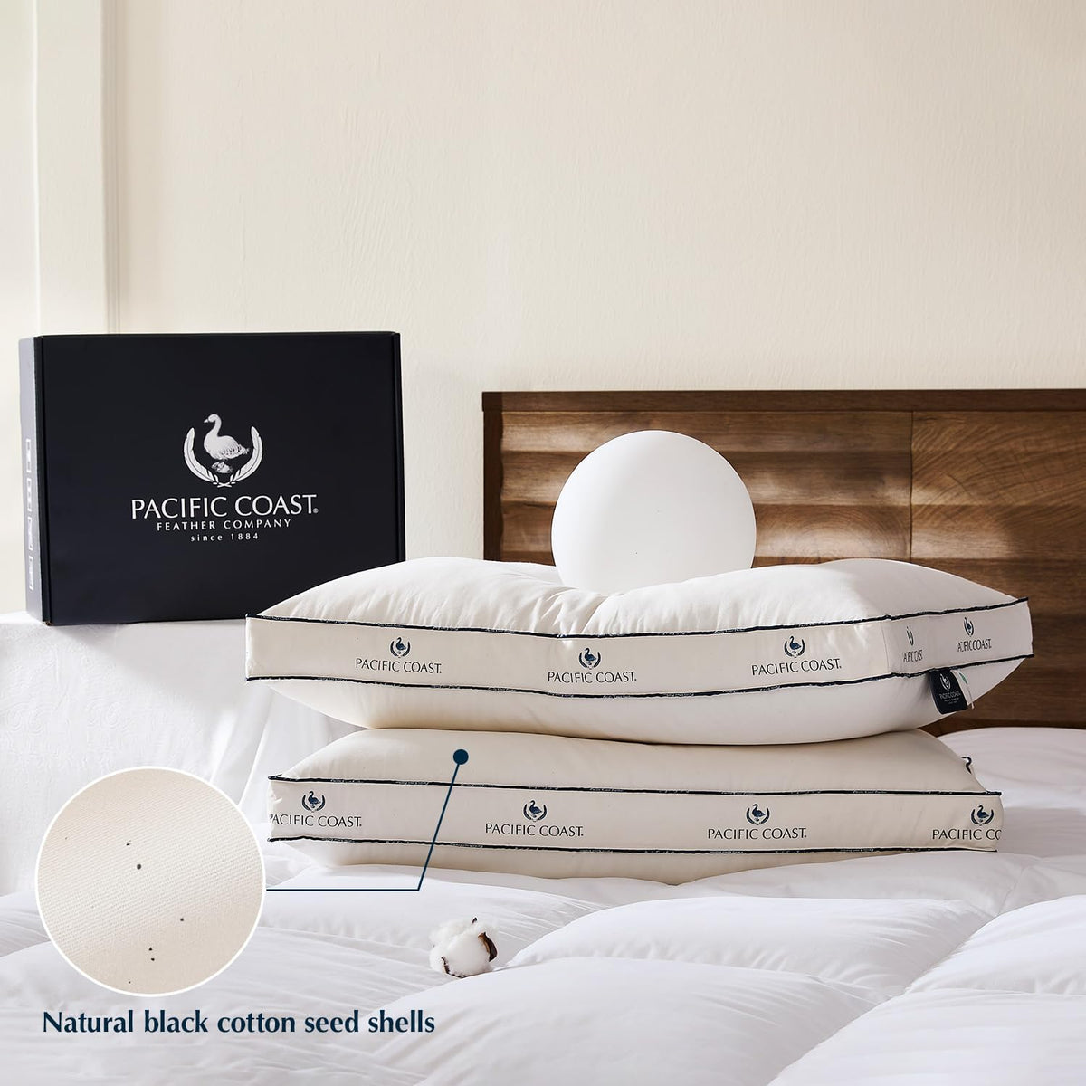 Pacific Coast Almohadas de plumas de ganso y plumón para dormir de lado y de espalda, juego de 2 unidades, tela de algodón 100% orgánico, almohadas firmes, almohadas reforzadas de la colección de