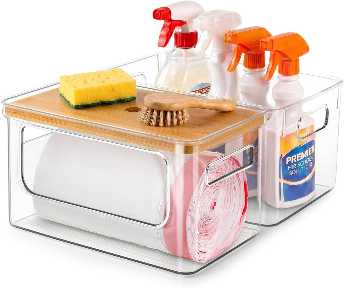 Dispensador de bolsas de basura acrílicas 2 en 1 debajo del fregadero, soporte para bolsas de basura con parte superior de bambú apilable para cocina, despensa, cuarto de servicio