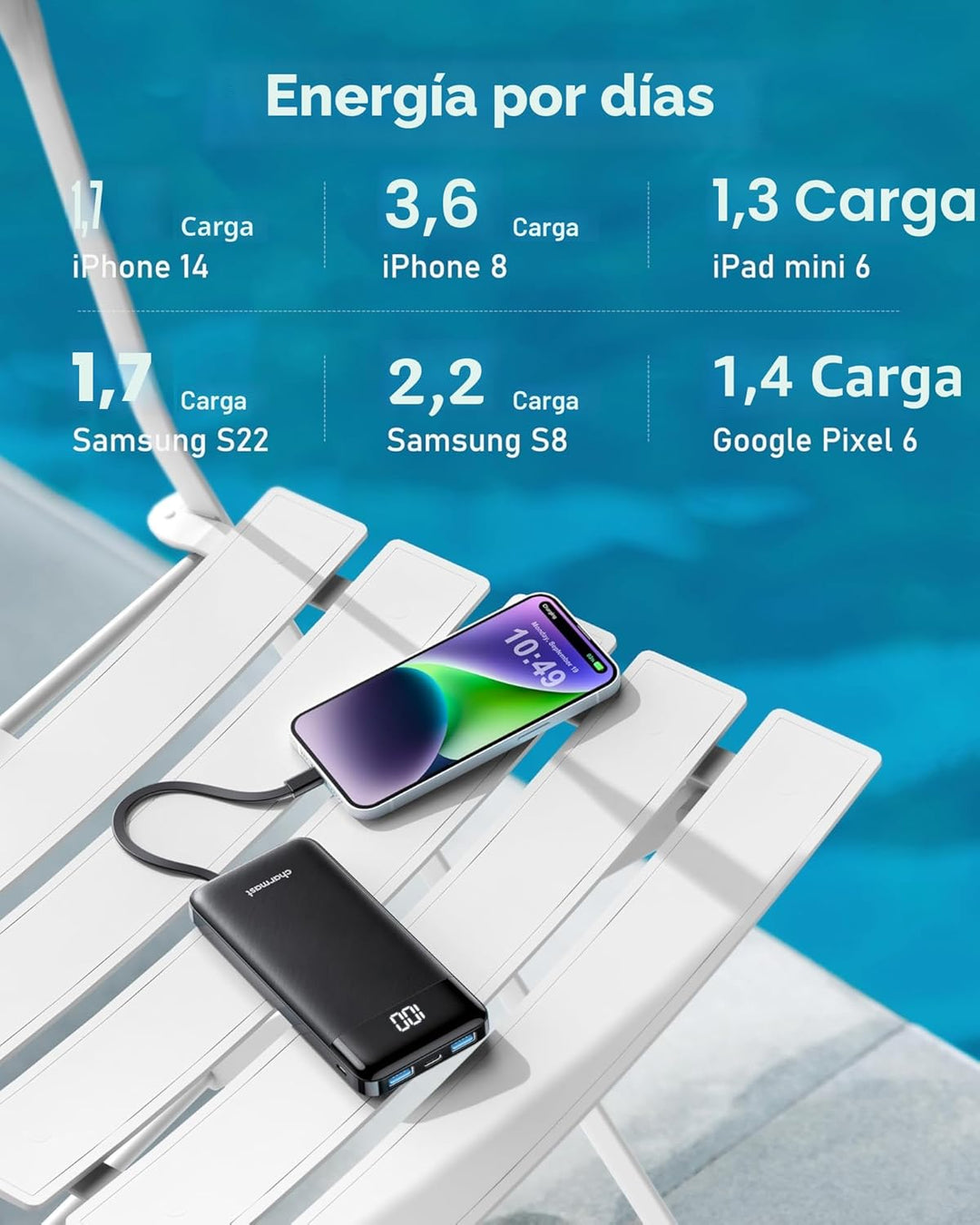 charmast Cargador portátil con cables incorporados, banco de energí...