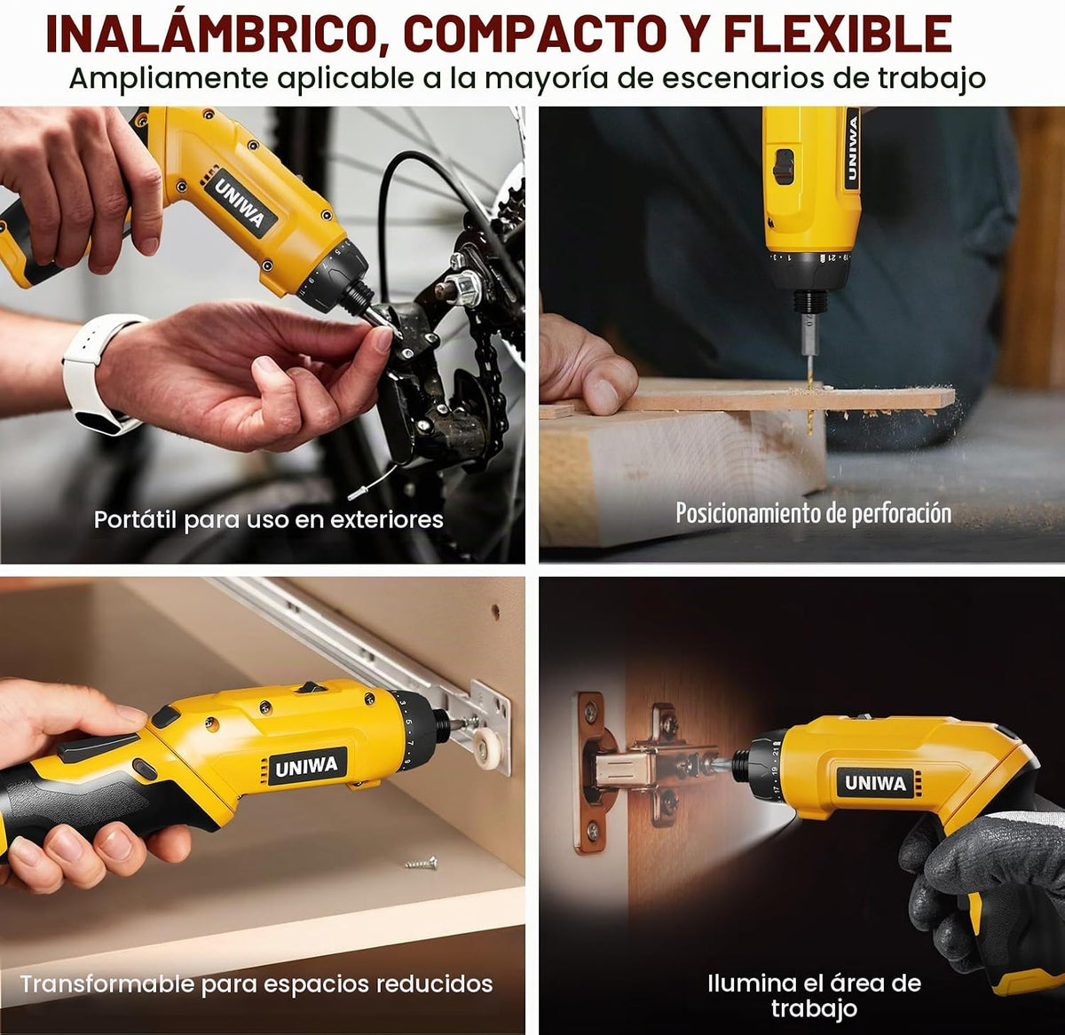 UNIWA - Destornillador eléctrico inalámbrico recargable, taladro eléctrico de 650 RPM, color amarillo