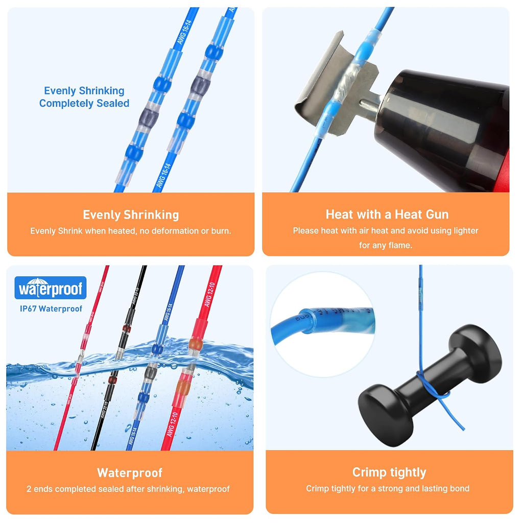 Kuject - Kit de conectores de alambre para soldadura termorretráctil, todo en uno, pelacables, pistola de calor, 2000 conectores a tope de palo de soldadura impermeables