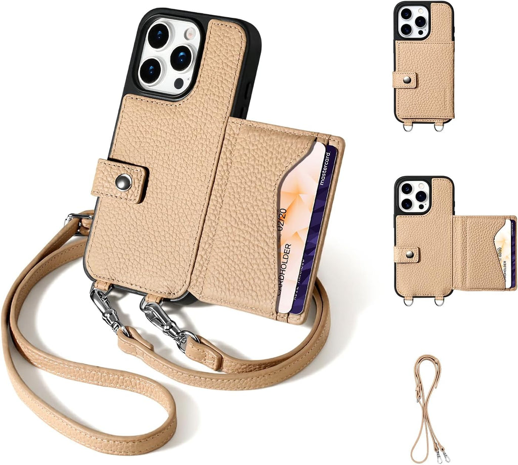 Funda de cuero Crossbody Wallet para iPhone 15 Pro - Beige