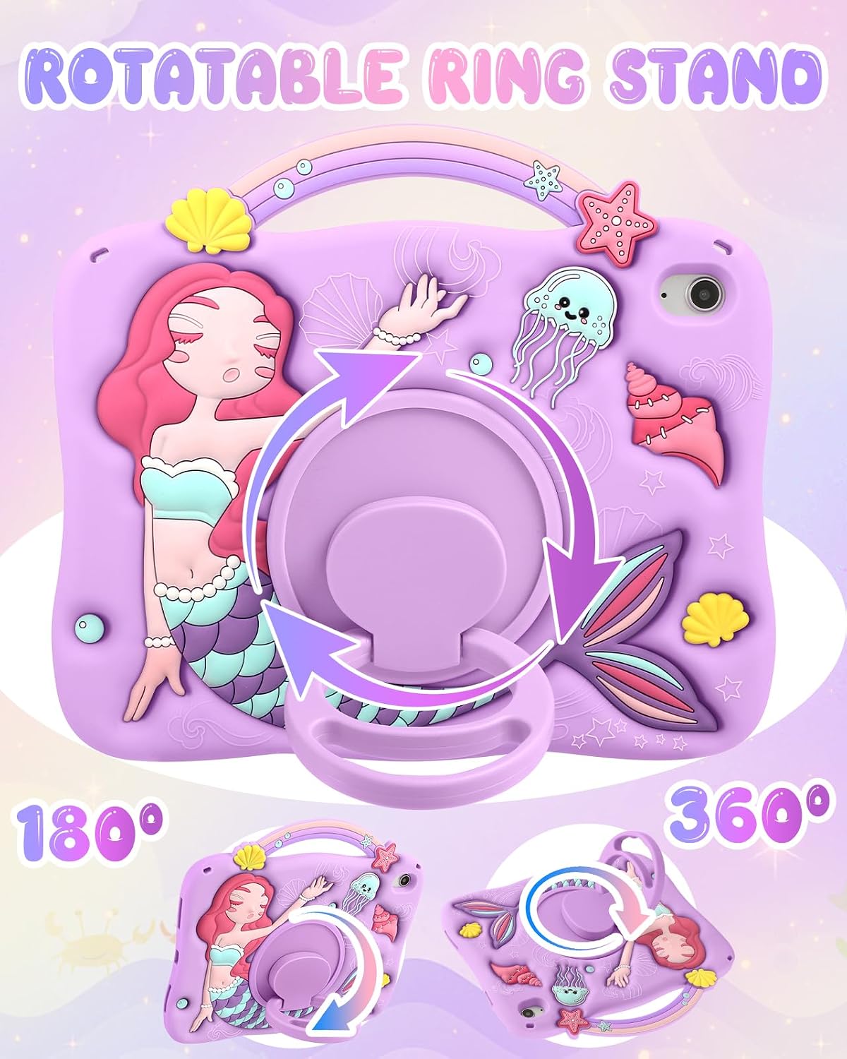 Boaretiu para iPad A16 Funda/Funda de 10ª Generación - Linda Funda de Tablet de 10.9 Pulgadas 2022 para Niñas y Adolescentes con Diseño de Sirenas Púrpuras de Dibujos Animados y Soporte Giratoria de
