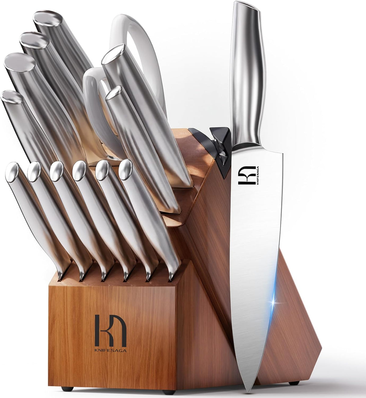KnifeSaga - Juego de bloques de cuchillos de 14 piezas, premium, afilado de afeitar, acero japonés