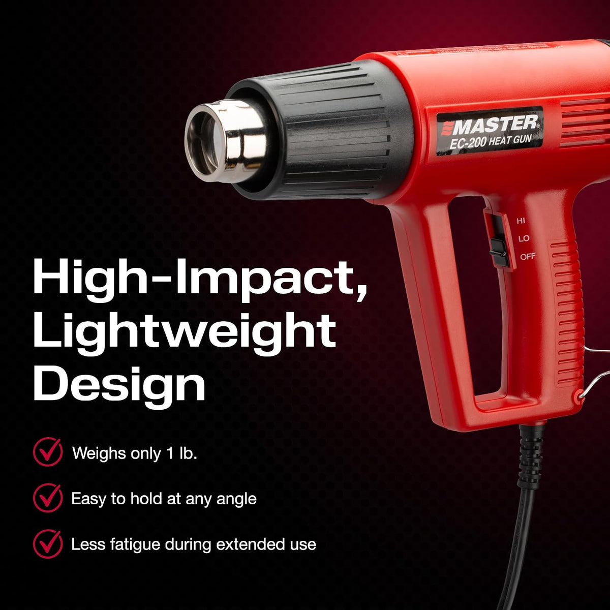 Master Appliance EC-200 Pistola de calor de temperatura variable, pistola de aire caliente, 120V, 10 amperios, 1200W, para envoltura retráctil, conectores de alambre, tubos retráctiles, manualidades