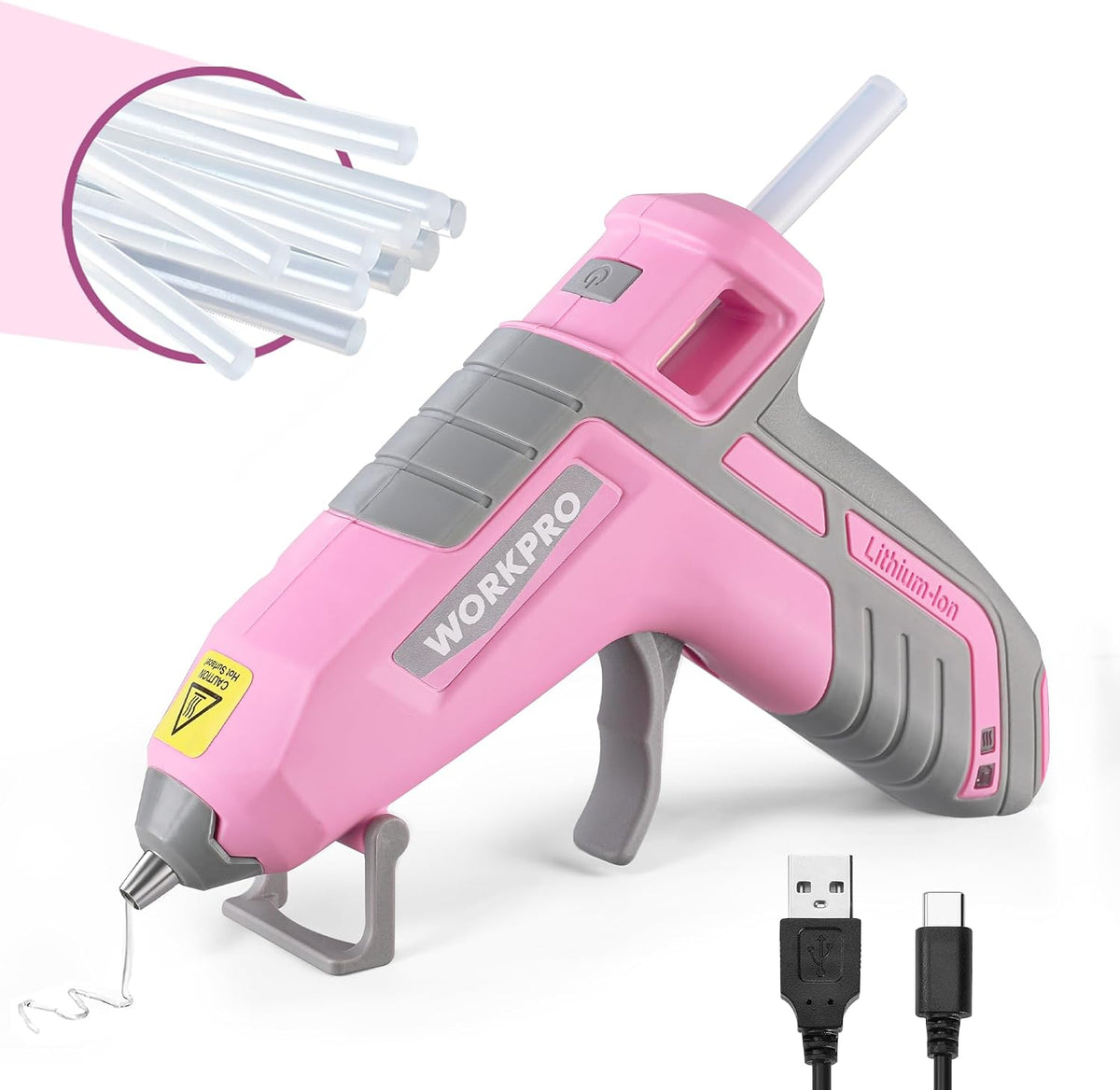 WORKPRO 3.6V Pistola de pegamento caliente inalámbrica (actualizada), precalentamiento rápido, apagado inteligente, pistola de pegamento recargable USB-C, kit de pistola de pegamento caliente con