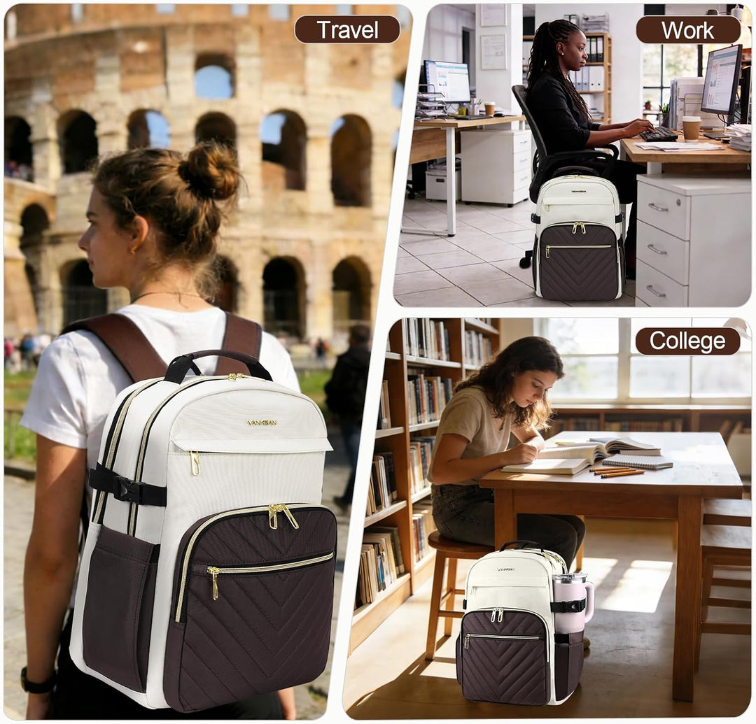 VANKEAN Mochila para laptop para mujer, Beige-café, 17,3 pulg., Moc...