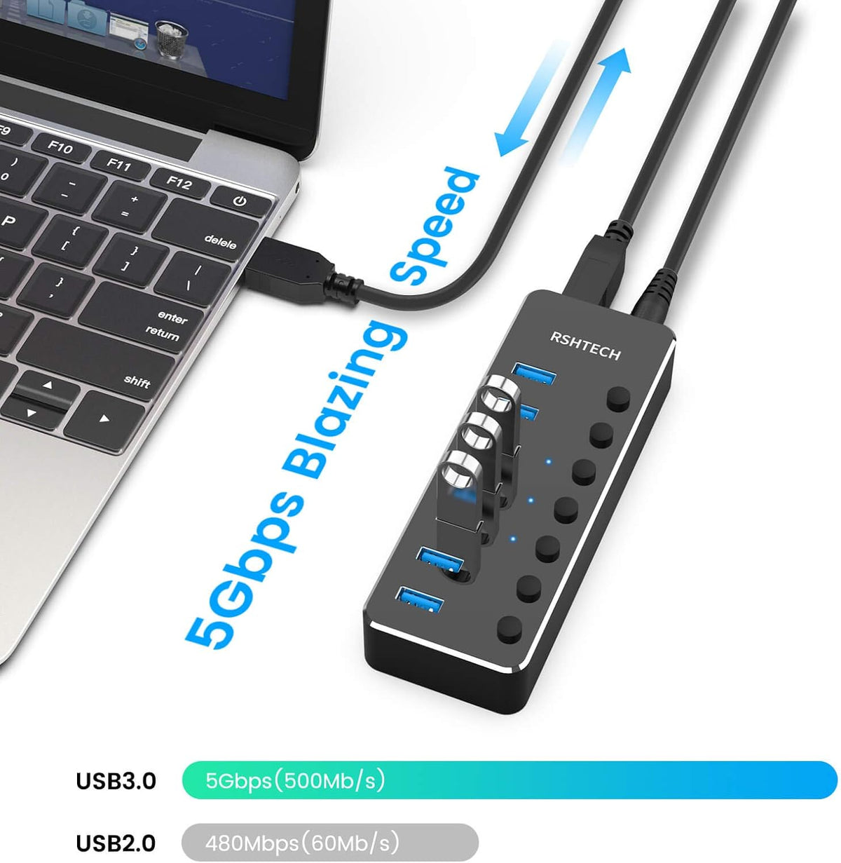 RSHTECH, hub USB 3.0 de 7 puertos, alimentado, adaptador 5V/2A
