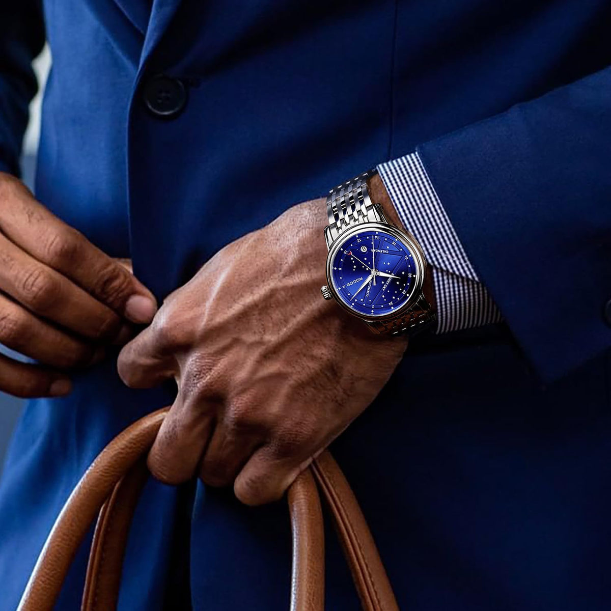 ROCOSJEWE Reloj mecánico automático de lujo para hombre, correa luminosa de acero inoxidable, impermeable, visualización de fecha, relojes de negocios de moda para hombres