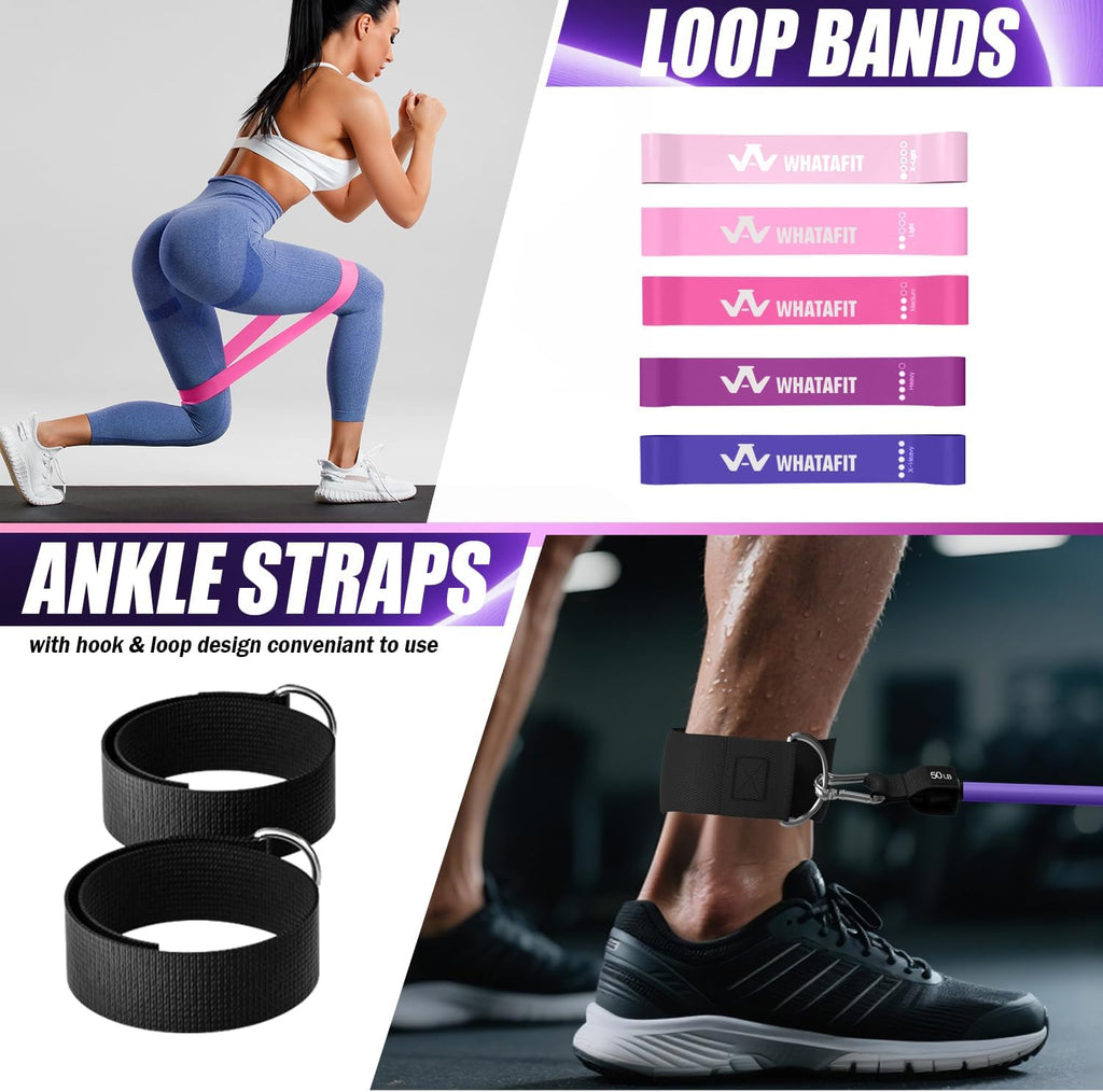 WHATAFIT Bandas de resistencia, bandas de ejercicio, bandas de resistencia para entrenamiento, bandas de entrenamiento con asas para hombres y mujeres, entrenamiento de fuerza, equipo de gimnasio en