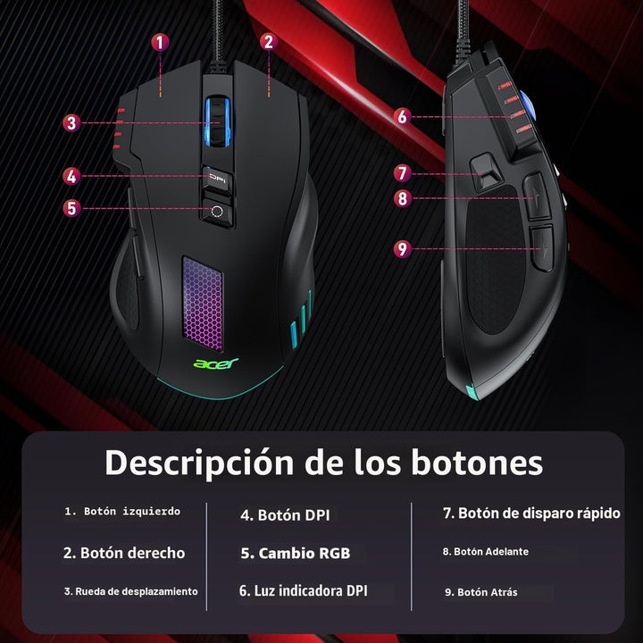 acer Ratón para juegos con cable, mouse ergonómico RGB de 12,800 DP...