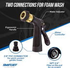 SwiftJet Pistola de espuma para lavado de autos + guante de microfibra – Funciona con cualquier jabón – Pulverizador de espuma para manguera de jardín – Kit de lavado de coche de cañón de espuma – Accesorios de coche Pistola de espuma negra con manopla