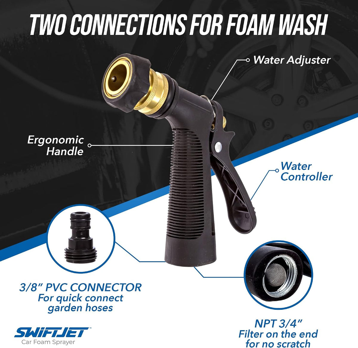 SwiftJet Pistola de espuma para lavado de autos + guante de microfibra – Funciona con cualquier jabón – Pulverizador de espuma para manguera de jardín – Kit de lavado de coche de cañón de espuma – Accesorios de coche Pistola de espuma negra con manopla