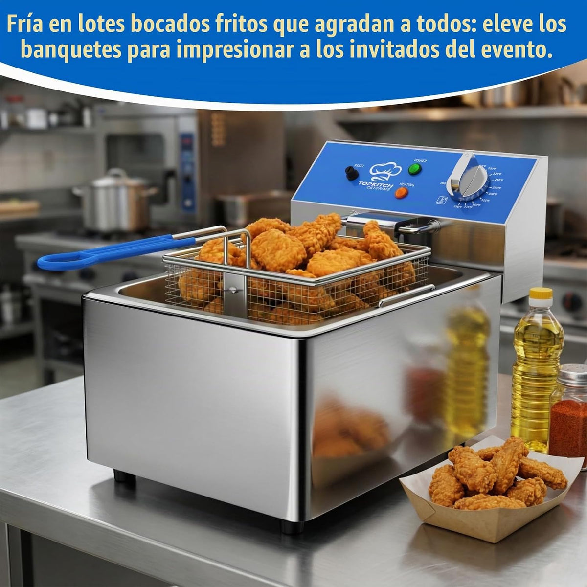 TOPKITCH Freidora Eléctrica Profunda de 6L con Envase de Aceite Extraíble y Asa, Cesta de Malla de Alambre Sólido y Tapa, Freidoras Comerciales Ligeras para Encimera - 120V 1800W