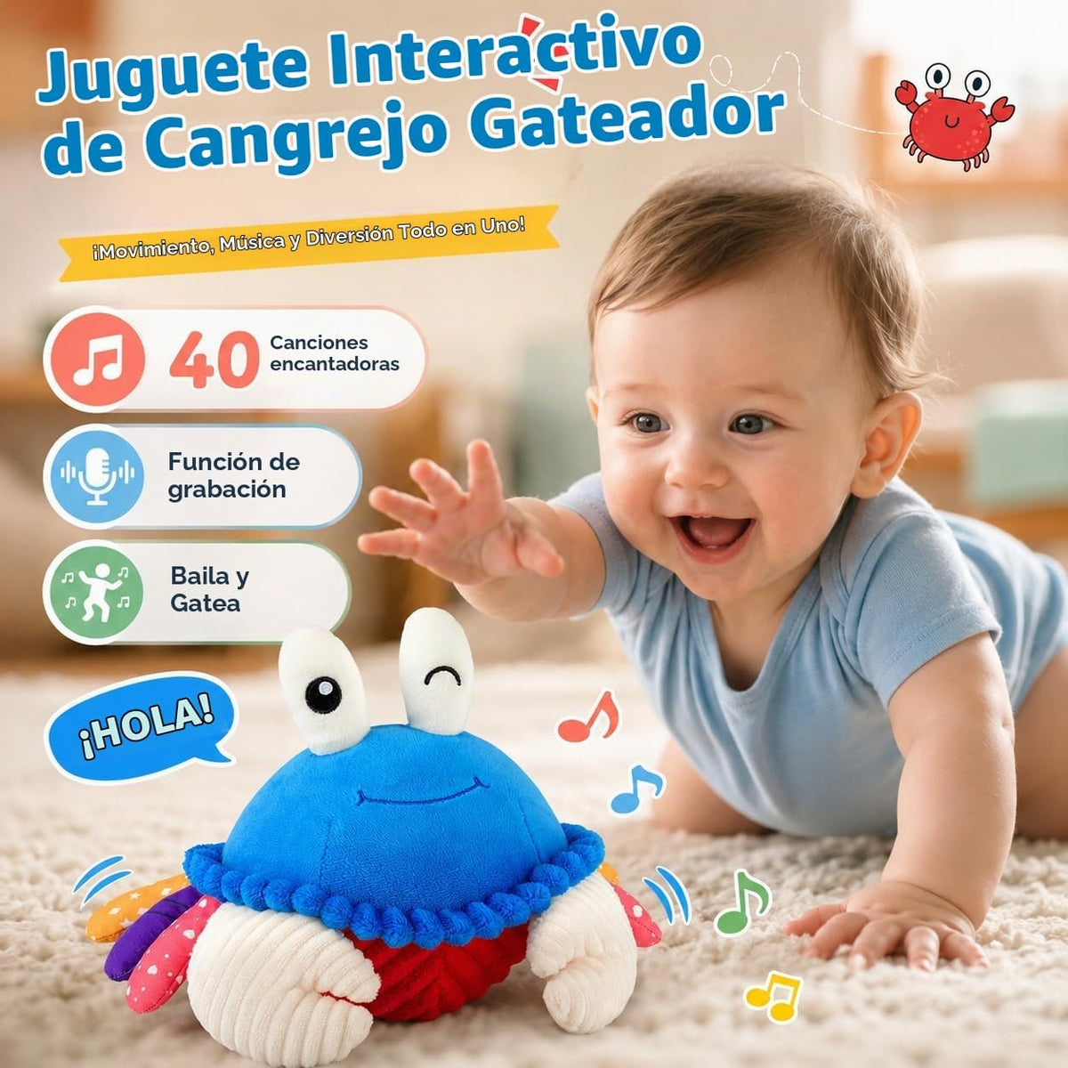 Interactive Crawling Crab Baby Toy, Musical Toy con 40 Songs & Recording